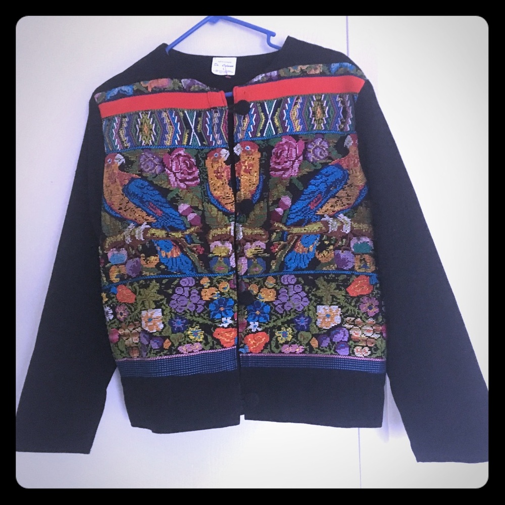 Embroidered Black Jacket with Multicolor Parrot Motif